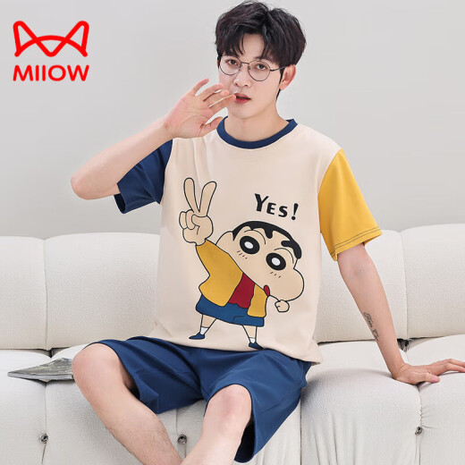 
Cat Man (MiiOW) pure cotton men's pajamas for teenagers loose large size home clothing suit summer short-sleeved cartoon summer men's style short-sleeved shorts - Q1396 light green little white teenager version - L size [85-95Jin [Jin equals 0.5 kg]]