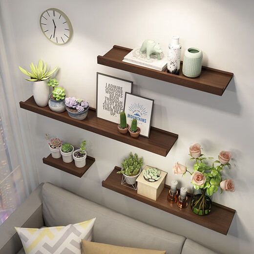 Aibiju solid wood partition wall storage rack wall punch-free one-word shelf storage rack 60*10CM walnut color