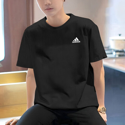 阿迪达斯（adidas） 男子运动套装 夏新款时尚短袖透气舒适t恤衫休闲短裤时尚两件套 经典黑/IC9282+IC1484 XL/185