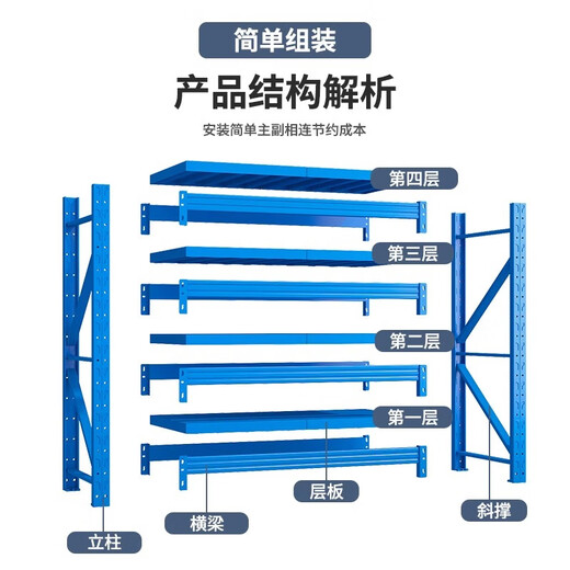 纯旭货架仓储家用置物架重型库房展示架子加厚承重多功能仓库储物层架 蓝色-四层-主架【升级加厚】 【880KG】200*50*200 仓储中工业