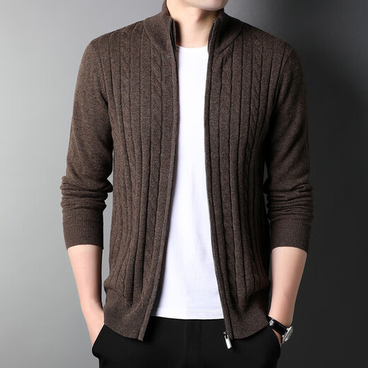 NOSSKISS light luxury brand men's pure wool cardigan for men in autumn and winter stand-up collar striped jacquard zipper knitted sweater jacket for men dark blue (twisted pattern) XL 180