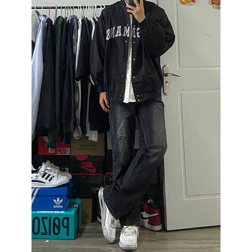 7 hochwertige amerikanisch gewaschene Jeans für Herbst und Winter neuer Stil neuer Stil loser Weitbein trendiger High Street Casual Straight Work Hosen WKXS-K683 Black L.