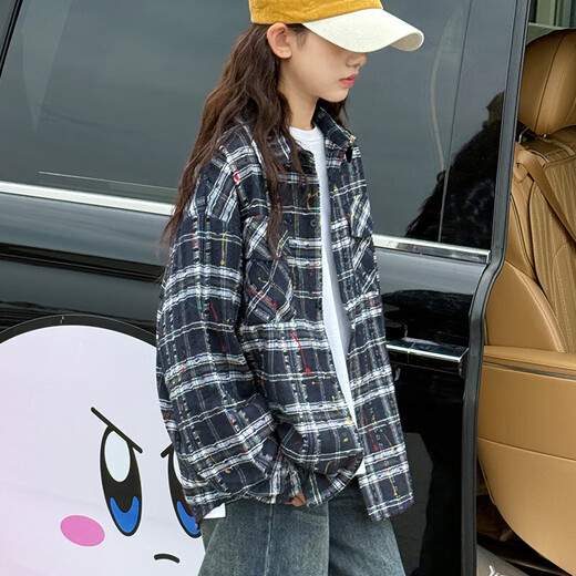 BJT Girls' Shirt 2025 Autumn New Children's Retro American-style Splash Jacket Big Children's Spring and Autumn Fashionable Top Navy Blue 160 cm