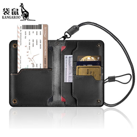 Kangaroo Europäische und amerikanische Kauflattenpassklamme Bord des echten Lederpassports Schutzhülle Geschäftszertifikat Brieftasche Snap Black Snap Schwarz