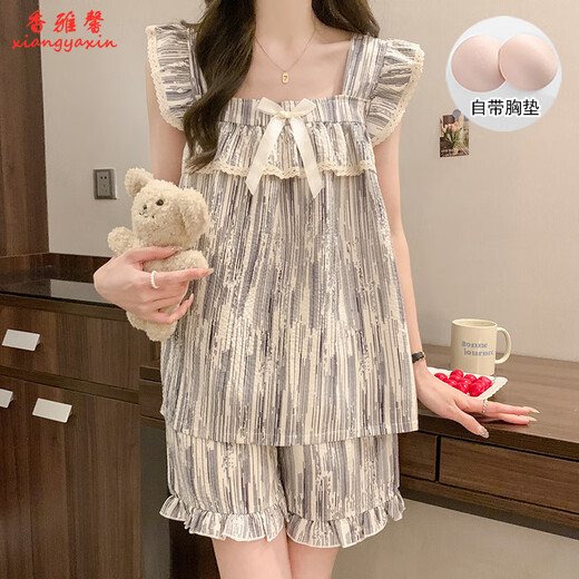 Xiangyaxin-Pyjamas mit Brustpolster für Frauen im Sommertag Student Hosentender Kurzfilme Süßes und niedliches, farbiges Mädchen Dünne Heimkleidung Set 9906 Schwarzer Plaid XL 115-125jin [Jin ist 0,5 kg]