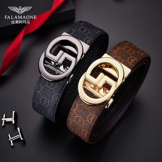 法莱阿玛尼（FALAMAONE）品牌皮带男真皮自动扣腰带牛皮商务裤带生日高档礼物送男友老公 专柜礼盒/PD844Q/百搭枪色 110cm -130cm默认随机（可修剪）