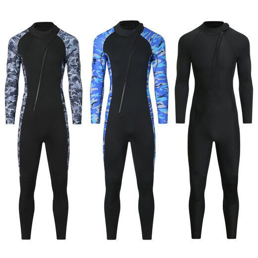 Gumuni cross-border 3MM one-piece wetsuit for men in the sea, cold-proof wetsuit, warm swimsuit, snorkeling paddleboard surfing, 3mm camouflage blue hooded 4XL