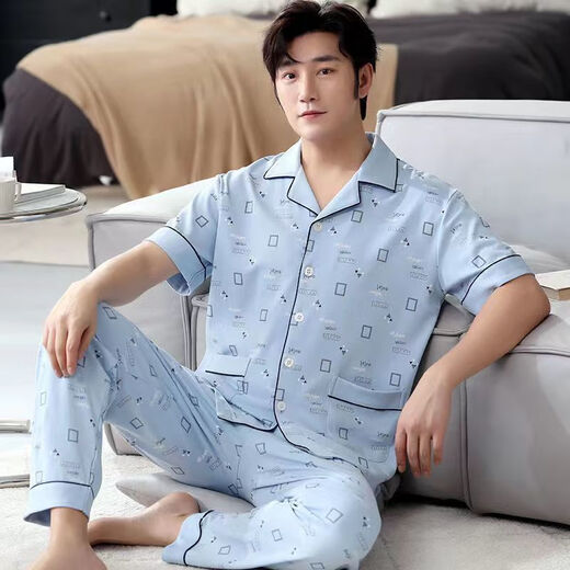
LangSha Summer Pajamas Men's Short Sleeve Long Trousers Spring and Summer Middle-aged and Young Thin Men's Lapel Home Clothing Set Short SAD6624 L 100-130Jin [Jin equals 0.5 kg]