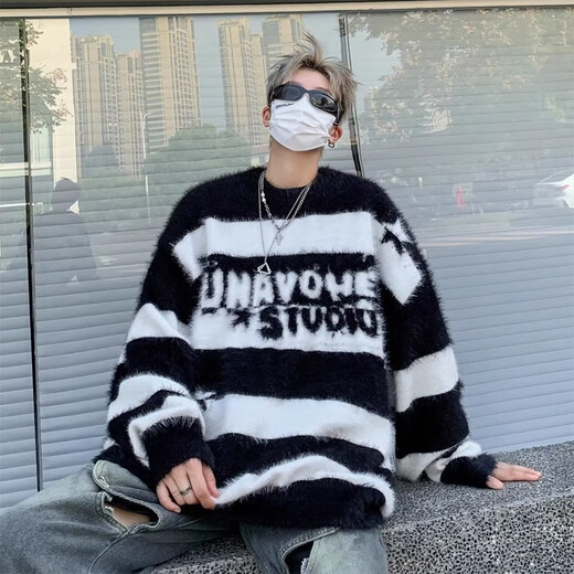 7家优品毛衣男士秋冬季新款cleanfit撞色宽松慵懒风字母提花情侣针织衫 GCFS-MY9214黑色 XL