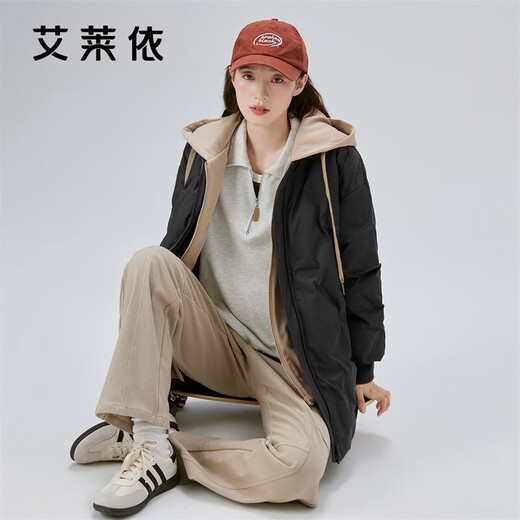 Ai Lai Down Jacket Women's Fake Two-Piece Short Hooded Loose Fashionable Warm Baseball Jacket Carbon Black 165