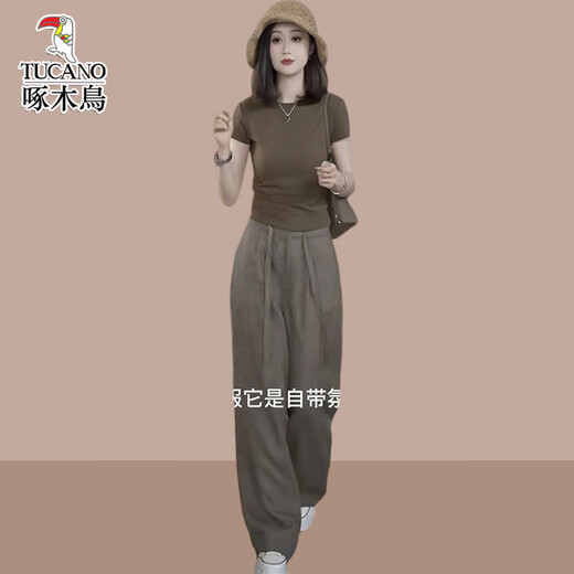 Specht-Sommer-Outfit mit einem kompletten Satz kleiner Menschen-Outfit-Sommerzüge Frauenkleidung 2025 Neues lässiges und modisches zweiteiliges Set, Brown Hosen L (Empfohlen 100 Jin [Jin ist gleich 0,5 kg] -115 Jin [Jin gleich 0,5 kg]))
