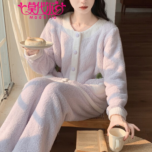 莫代尔珊瑚绒睡衣女秋冬季加绒加厚开衫套装甜美可爱法兰绒可外穿家居服 3882-郁金香 M