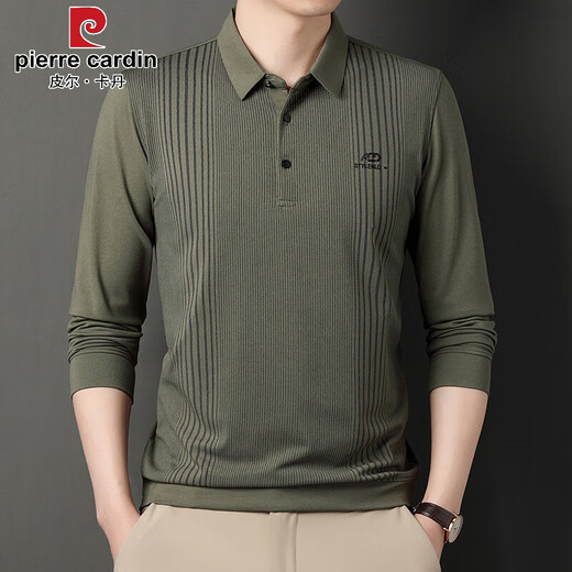 Pierre Cardin Frühlings- und Herbstkleidung gestreifter Druckvater Langarmed T-Shirt Herren-Baumwoll-Revers großer Top-Top-Hemd mittleren Alters im mittleren Alter von Herren 838 Green [gleicher Stil in Einkaufszentrum Counter] 170/110/l (empfohlen 120-140 Jin [Jin gleich 0,5 kg]))