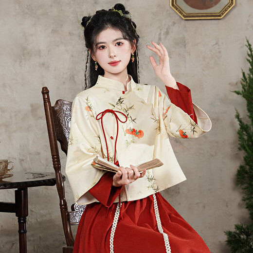 Yaoni cheongsam Hanfu women's daily adult 2025 autumn and winter short long-sleeved new Chinese style national style suede two-piece set 6551 apricot top + orange skirt (short top) M (recommended weight 105-115Jin Jin is equal to 0.5 kg)