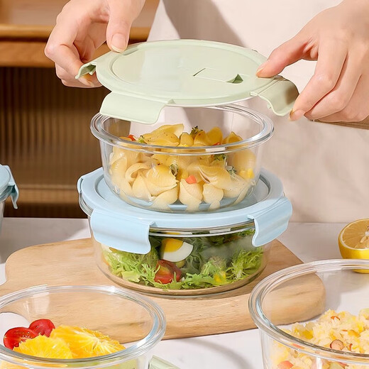希乐扣圆形饭盒上班族可微波炉加热专用碗带饭玻璃饭盒餐盒保鲜盒 幸运绿圆1050+圆650+圆450