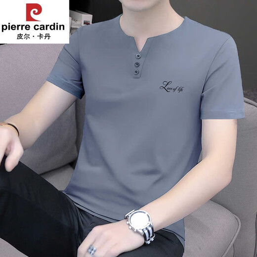皮尔卡丹V领男士短袖t恤纯棉修身潮流韩版青年夏装薄款v字领半袖男衫 炭灰色 S5024 M 【建议-115斤】
