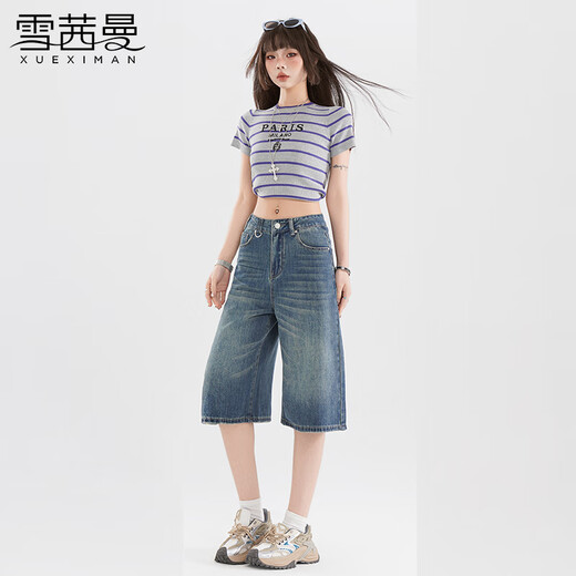 雪茜曼美式宽松七分牛仔裤女2025夏季新款高街百搭直筒阔腿裤子