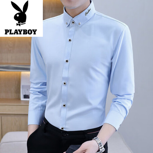 花花公子（PLAYBOY）春秋季黑色衬衫男长袖修身韩版男士衬衣商务休闲免烫痞帅寸衫潮流 829黑色 【微弹抗皱】 薄款 M 参考90-110斤左右