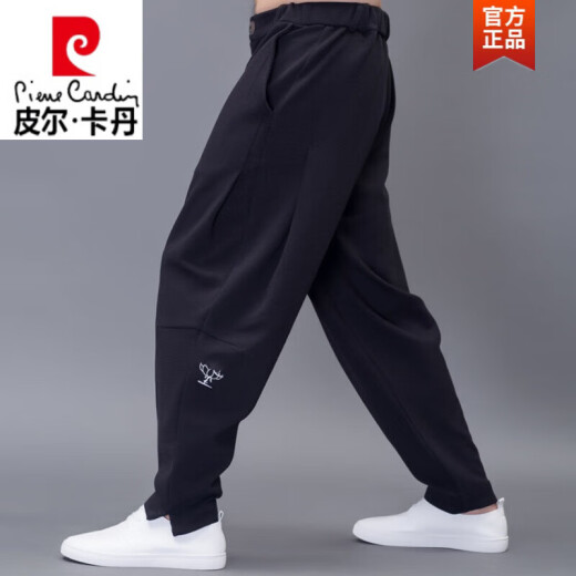 皮尔卡丹 休闲裤男春秋季宽松中国风小脚哈伦裤男国潮运动休闲男装长裤子 黑色刺绣- 薄款 5XL 200斤-230斤
