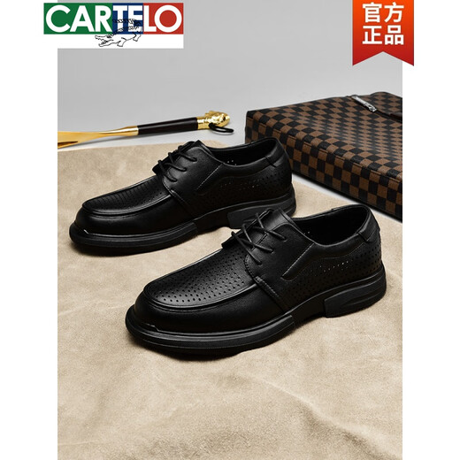 卡帝乐鳄鱼（CARTELO）皮鞋男士夏季镂空新款商务英伦风中年休闲圆头百搭透气凉鞋感 黑色1389 凉鞋款 38 标准皮鞋码