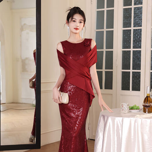 2025 new fashion off-shoulder burgundy sequined fishtail long evening dress for mother-in-law's wedding banquet burgundy skirt length 145CM 2XL 2XL