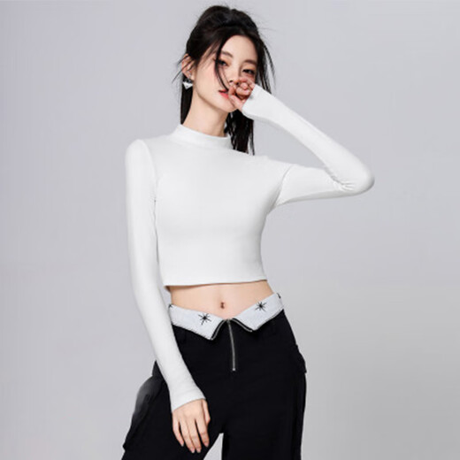 NOME bottoming shirt for women 2026 early spring new style short high collar, inner and outer wear, navel-baring bottoming long sleeves, black M