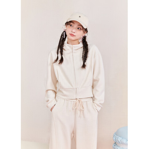 Zihan (ZIHAN) Zihan short waisted hooded top straight wide leg loose casual pants two-piece suit for women 2024 winter new style rice gold XL