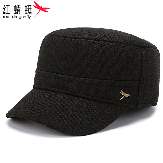 Red Dragonfly middle-aged and elderly men's winter velvet ear protection peaked cap for the elderly, windproof and warm grandfather hat, old man flat cap, velvet and thick ear protection, black, one size fits all, adjustable hat circumference (56-60CM)