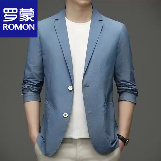 罗蒙（ROMON）夏季男士冰丝无痕防晒西服外套纯色弹力薄款西装上衣 蓝色 -718 4 【建议130-145斤】