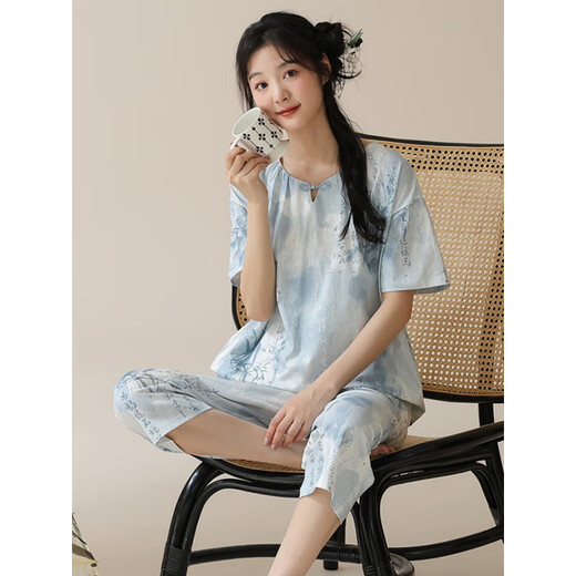 PMWRUN夏季新中式国风短袖睡衣套装女士棉家居服七分裤夏天薄款可外穿 LZY9901 M (建议75-95斤)