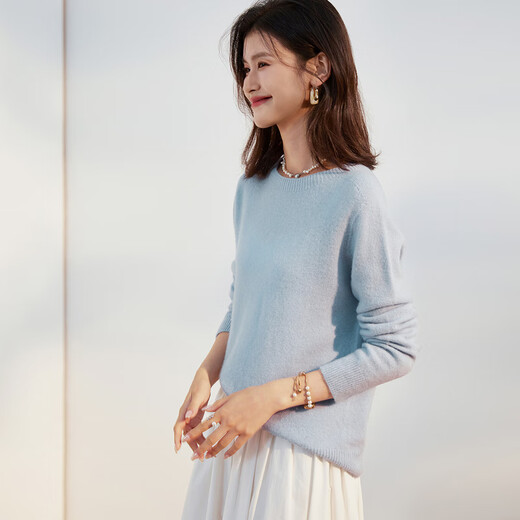 Jinju Sheep Wool 100% Seamless Ready-to-Wear 2026 New Year Red Round Neck Autumn and Winter Warm Bottoming Sweater Women's Wool Sweater Sky Blue L (165/88A)