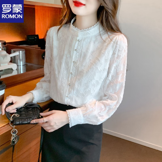 ROMON velvet thickened lace long-sleeved shirt women's base layer 2025 autumn and winter new style chic chiffon shirt stand collar white plus/velvet M