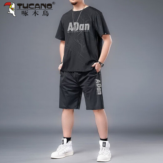 啄木鸟大码冰丝运动服套装男夏季胖子加肥加大速干短裤短袖t恤休闲男装 黑色826一套 XL 建议125-140斤