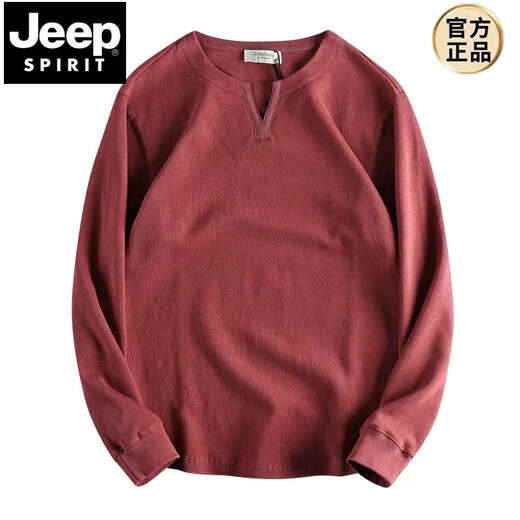 JEEP SPIRIT new Chinese style V-neck long-sleeved t-shirt men's heavyweight loose casual American Henry collar threaded sweatshirt sweater outer wear red S