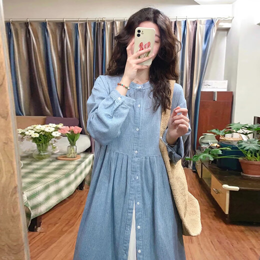 
Geman maternity wear autumn new Korean mid-length dress with long sleeves slim shirt skirt two-piece suit blue dress + white skirt XXL