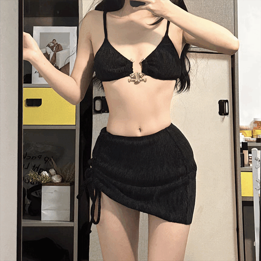 Swimwear Women's Bikini 2024 New Seaside Beach Sexy Three-piece Set with Breast Pads Small Breasts Push-Up Hot Spring Vacation Black (Three-piece Set) S (40-48kg) Reject inferior quality