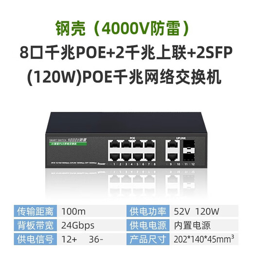 HEMUELE POE power supply switch lightning protection 8-port Gigabit POE+2 Gigabit uplink+2SFP 120W