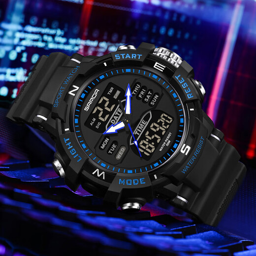Raellis Double Display Electronic Watch Student masculin Étudiant tendance et à la mode adolescent multifonctionnel Luminal Sports Electronic Watch Male Watch 6167 Black and Blue