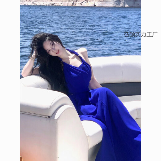XCFREHT【现货】蓝色挂脖吊带连衣裙女2025夏季名媛礼服裙感轻奢长裙 挂脖蓝色连衣裙 【面料】 M 建议96-105左右穿