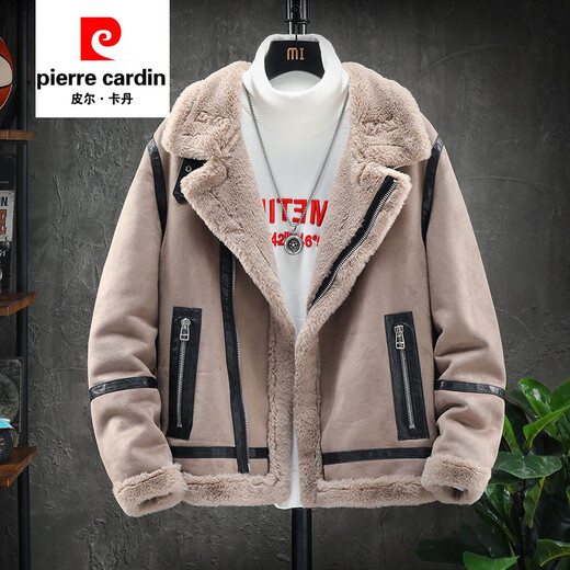 皮尔卡丹（pierre cardin）冬季新款羊羔毛夹克男加绒加厚海宁皮毛一体潮毛领外套男 灰色 M适合90-110斤