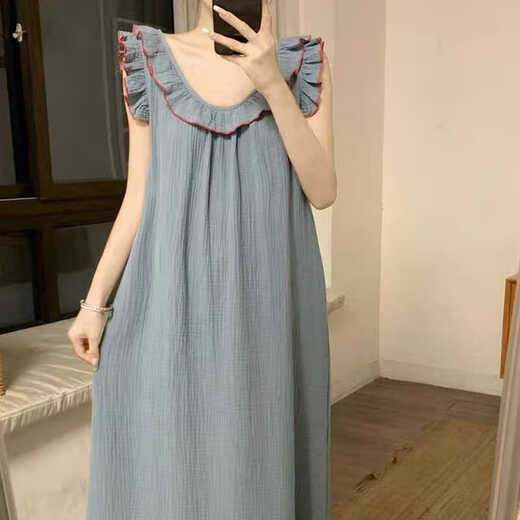 
Shantou Lincun Korean style ins style sexy backless cotton soft nightgown for women in summer sleeveless ruffled loose pajamas summer home clothes 6187 denim blue vest + shorts M 160