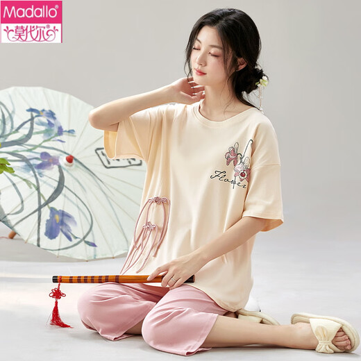 Modal summer short-sleeved pajamas set new Chinese women's national style home clothing cropped pants can be worn on the outside, pure cotton thin summer Y9901 M (recommended 75-95Jin [Jin equals 0.5 kg])