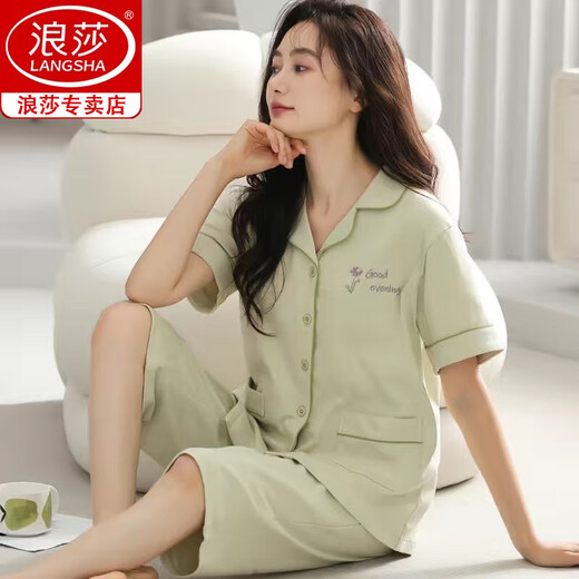 浪莎夏季纯棉睡衣女短袖七分裤大码开衫中青年女士套装外穿家居服夏天 n9896 M 80-100