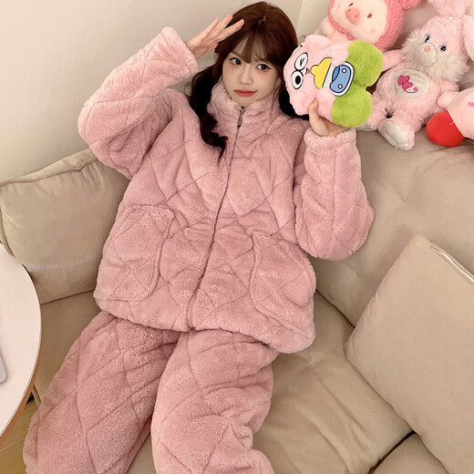 梦鸾三层夹棉睡衣女加绒加厚甜美软妹减龄长袖套装秋冬季珊瑚绒家居服 9906FE 纯色口袋 浅粉 XL