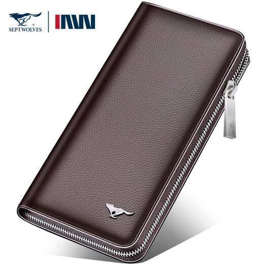 SEPTWOLVES handbag men's first layer cowhide zipper long wallet clutch bag genuine leather men's clutch brown model