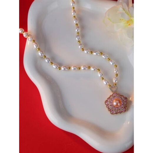 QUAMER Gold Store Flower Natural Freshwater Pearl Necklace Women's Simple Versatile Zircon Clavicle Chain New Chinese Style Purple Transfer Bead Freshwater Pearl Necklace