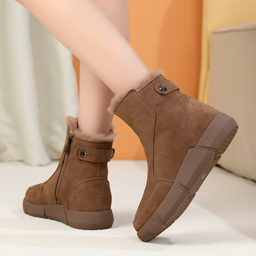 Lingfeng 2023 new snow boots for women, non-slip, super thick, flat-soled large-size women's shoes 41-43 top layer cowhide matte single shoes for women, black cotton boots 43