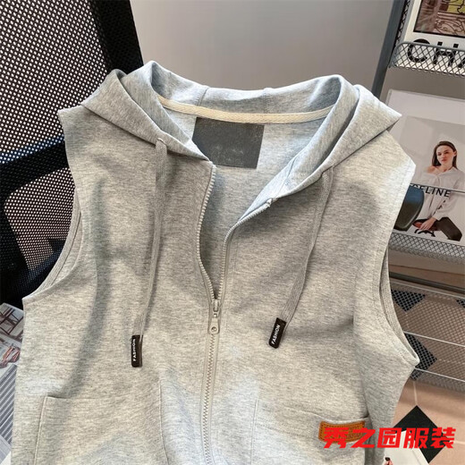 La nueva sudadera con chaleco sin mangas de Van Zhesha para la primavera, la chaqueta de cárdigan con capucha de las mujeres, estilo coreano, el chaleco con cremallera con cremallera 841 Grey Vertical Horse Clip M 165