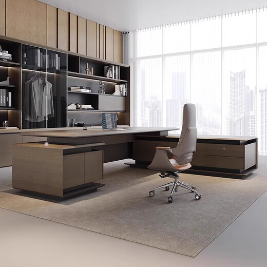 Hanjitangyu modern light luxury office desk, elegant boss table, simple office desk and chair combination, high-end executive desk, president table, double cabinet 2.8m boss table (with side table)