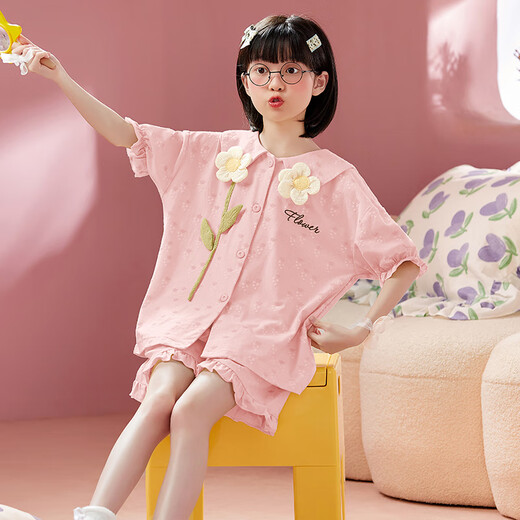 曼妮朵女童睡衣夏季纯棉小女孩新款儿童家居服宝宝开衫短袖短裤套装薄款 B4877绿【双短】 140cm 16码建议135-145cm